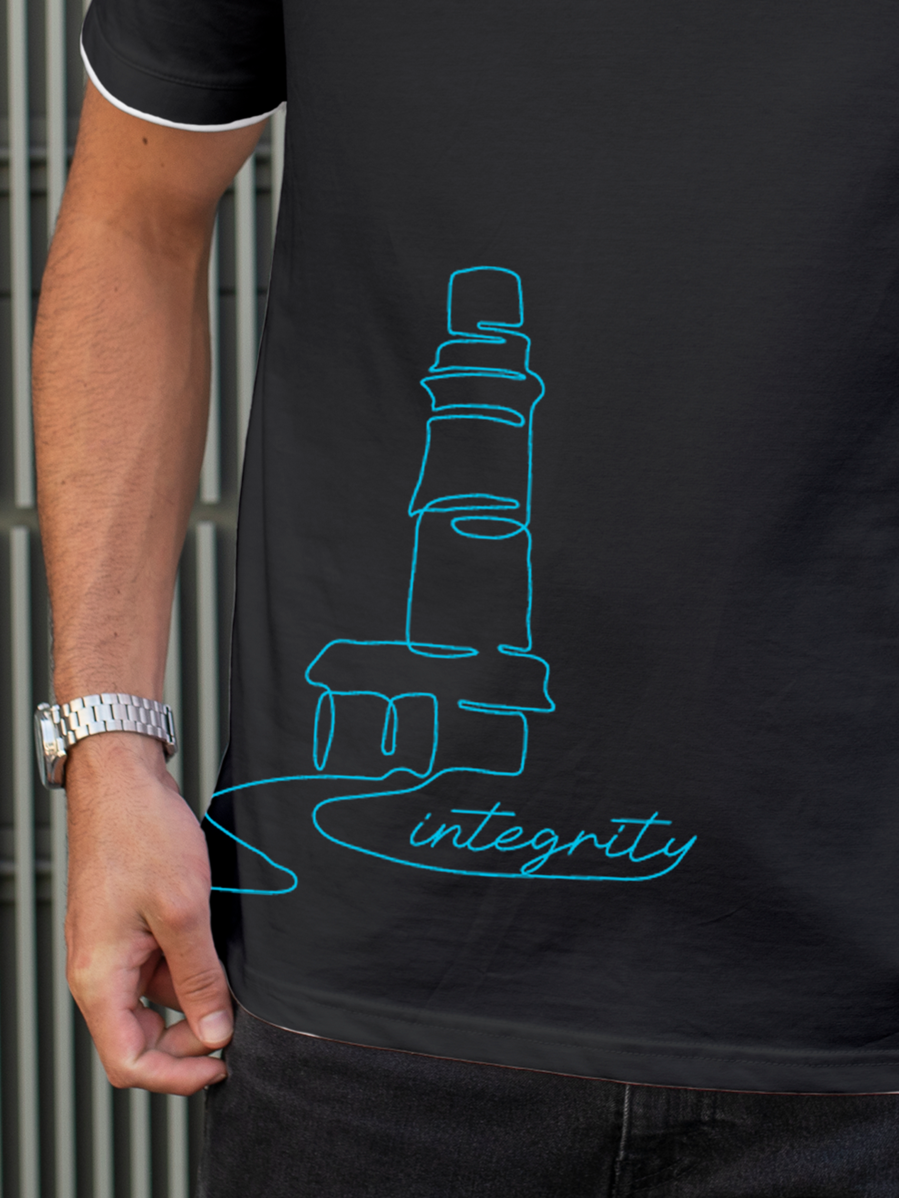 Close up of 'Integrity' design on Men's Charcoal Grey Polo T-shirt, highlighting intricate details and vibrant print.