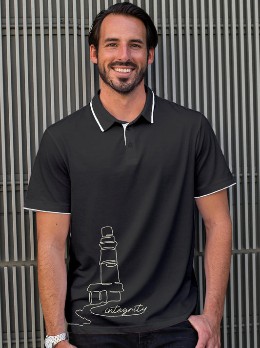 Model wearing Men's Dark Grey Polo T-shirt with 'Integrity' design, offering effortless style and premium comfort