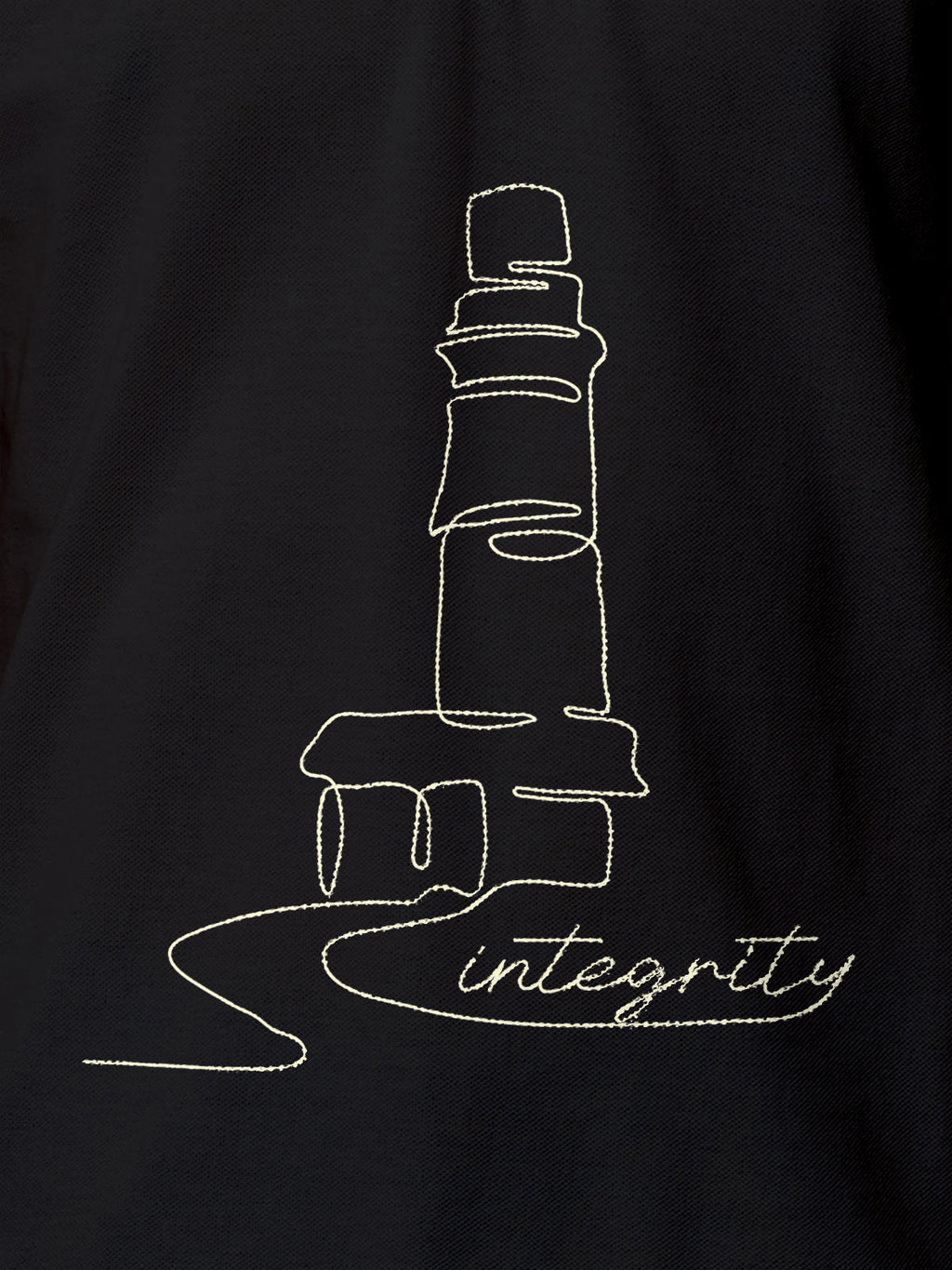 Close up of 'Integrity' design on Men's Dark Grey Polo T-shirt, highlighting intricate details and vibrant print.