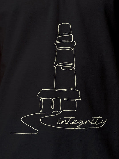 Close up of 'Integrity' design on Men's Dark Grey Polo T-shirt, highlighting intricate details and vibrant print.