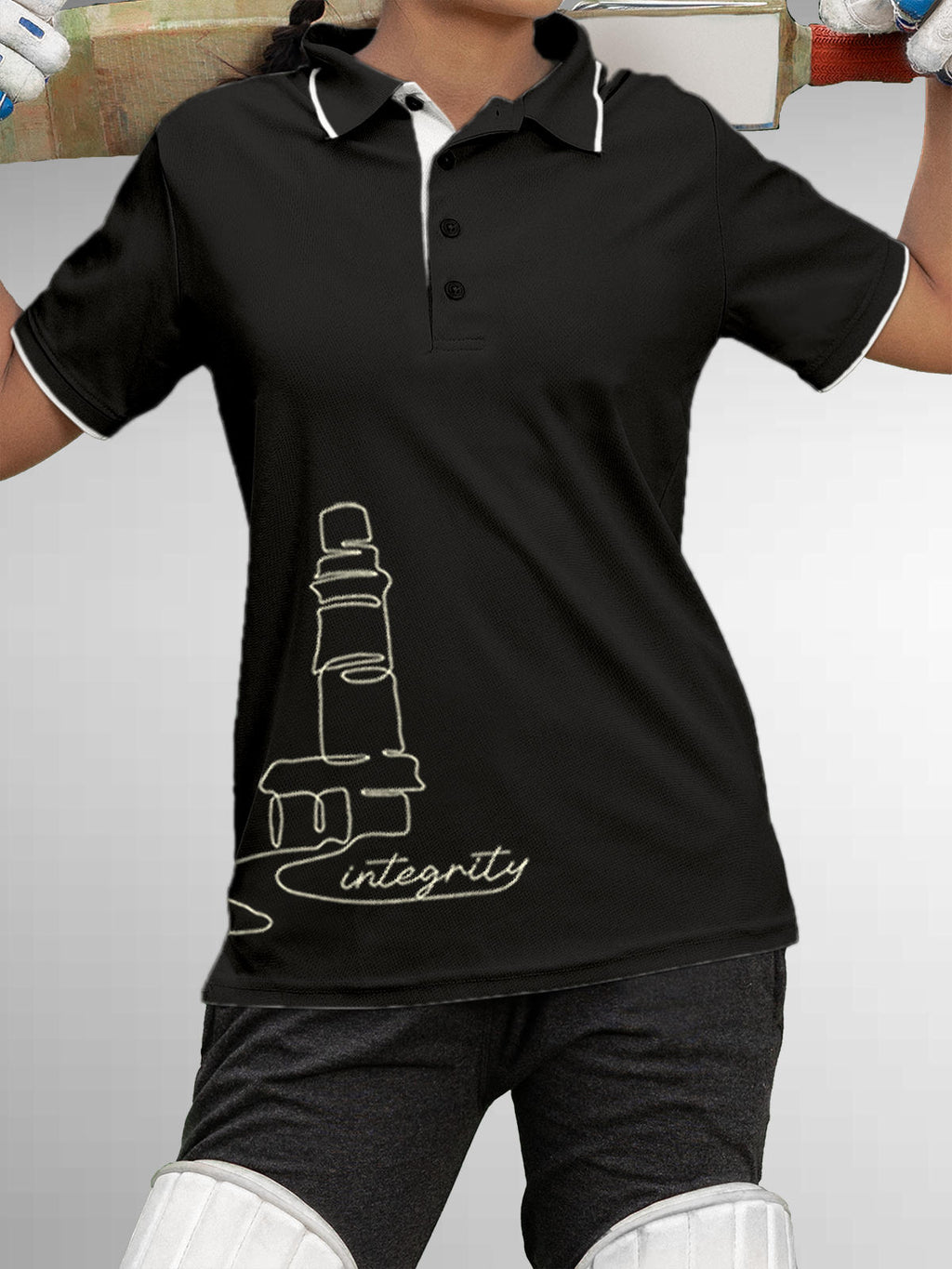 Model wearing Women's Dark Grey Polo T-shirt with 'Integrity' design, offering effortless style and premium comfort