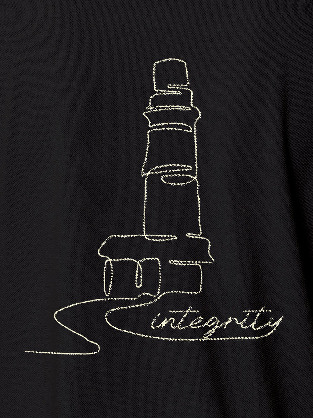 Close up of 'Integrity' design on Women's Dark Grey Polo T-shirt, highlighting intricate details and vibrant print.