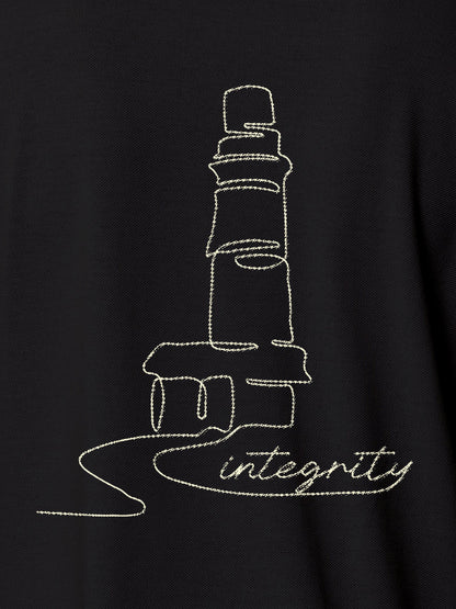 Close up of 'Integrity' design on Women's Dark Grey Polo T-shirt, highlighting intricate details and vibrant print.