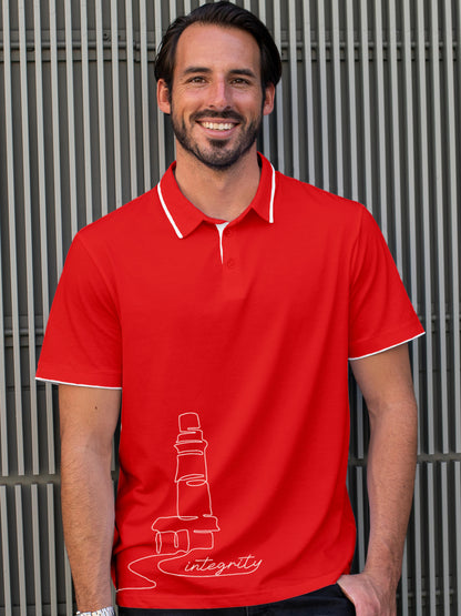 Model wearing Men's Red Polo T-shirt with 'Integrity' design, offering effortless style and premium comfort