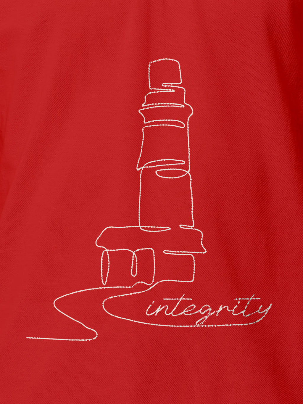 Close up of 'Integrity' design on Men's Red Polo T-shirt, highlighting intricate details and vibrant print.