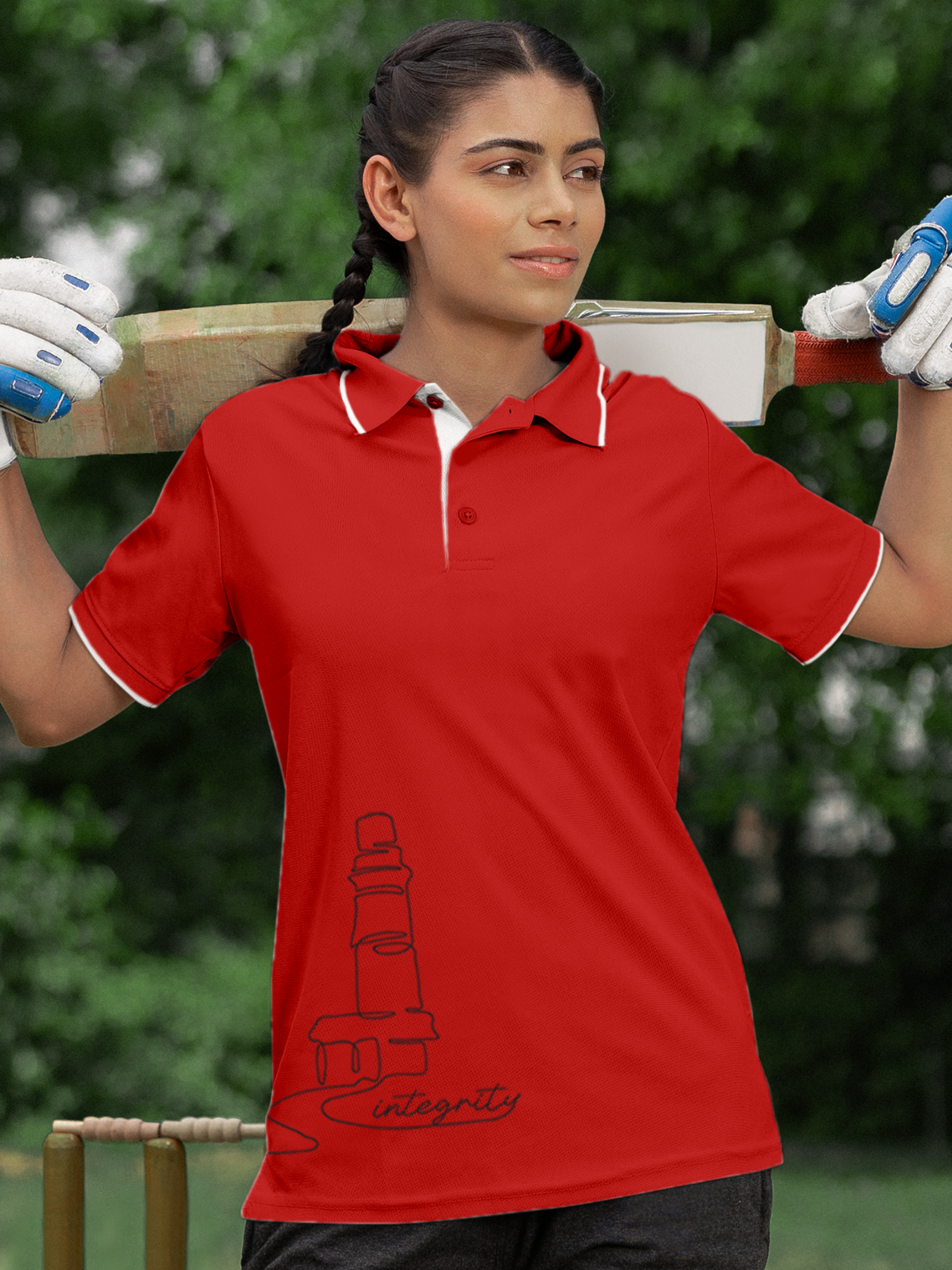 Model wearing Women's Red Polo T-shirt with 'Integrity' design, offering effortless style and premium comfort