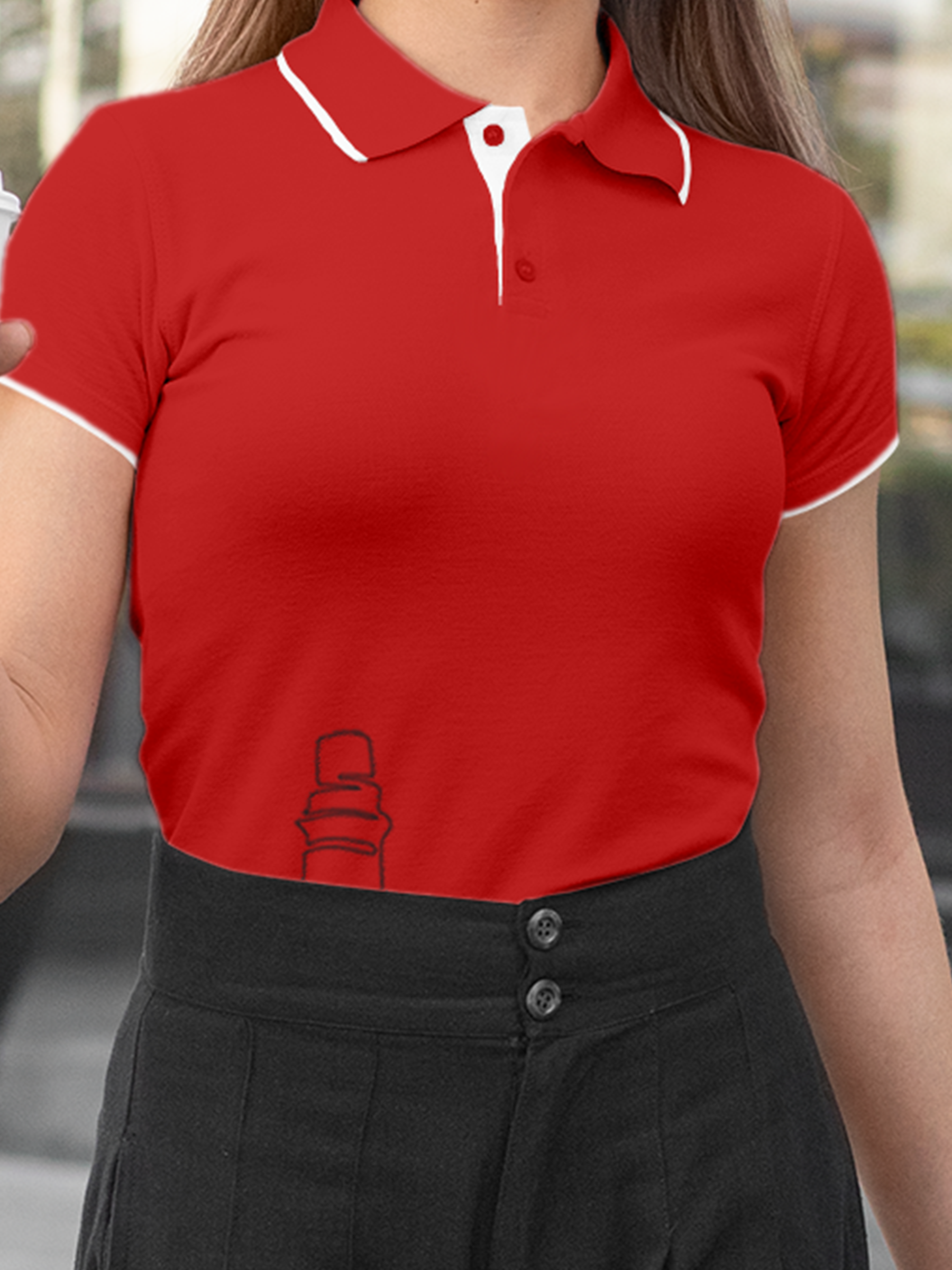 Close up of 'Integrity' design on Women's Red Polo T-shirt, highlighting intricate details and vibrant print.