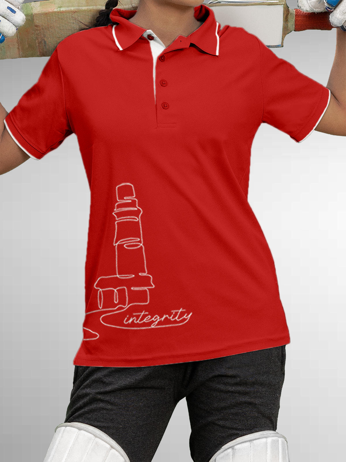 Model wearing Women's Red Polo T-shirt with 'Integrity' design, offering effortless style and premium comfort