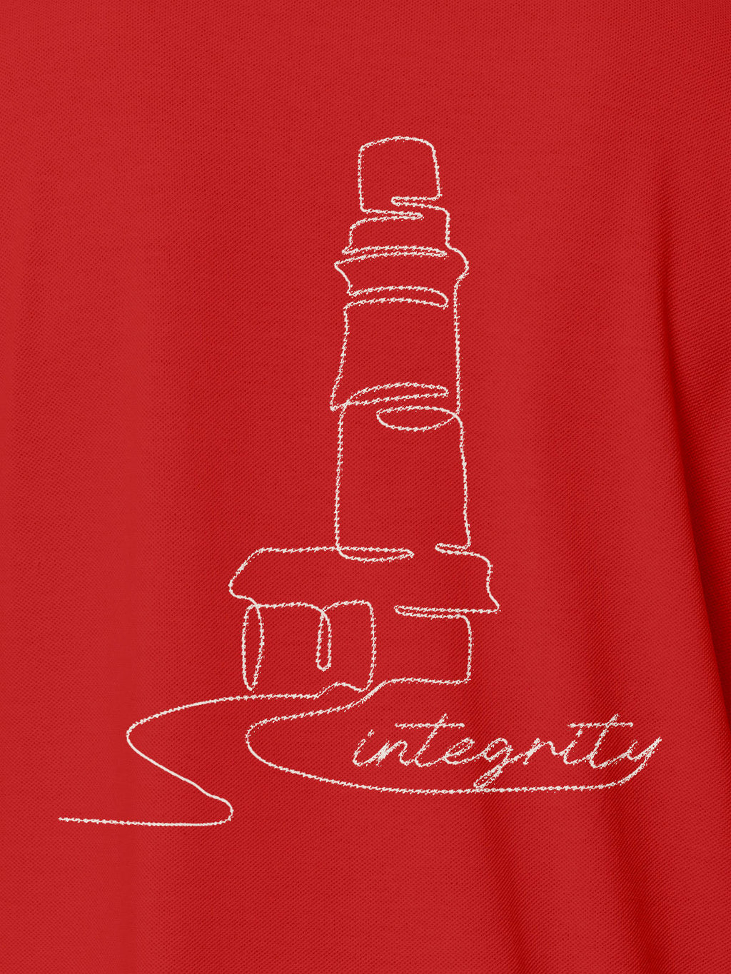 Close up of 'Integrity' design on Women's Red Polo T-shirt, highlighting intricate details and vibrant print.