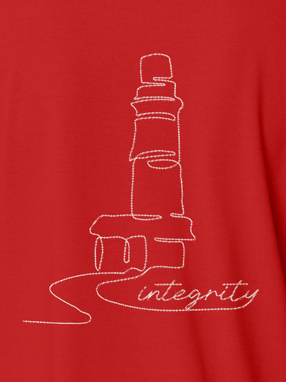 Close up of 'Integrity' design on Women's Red Polo T-shirt, highlighting intricate details and vibrant print.