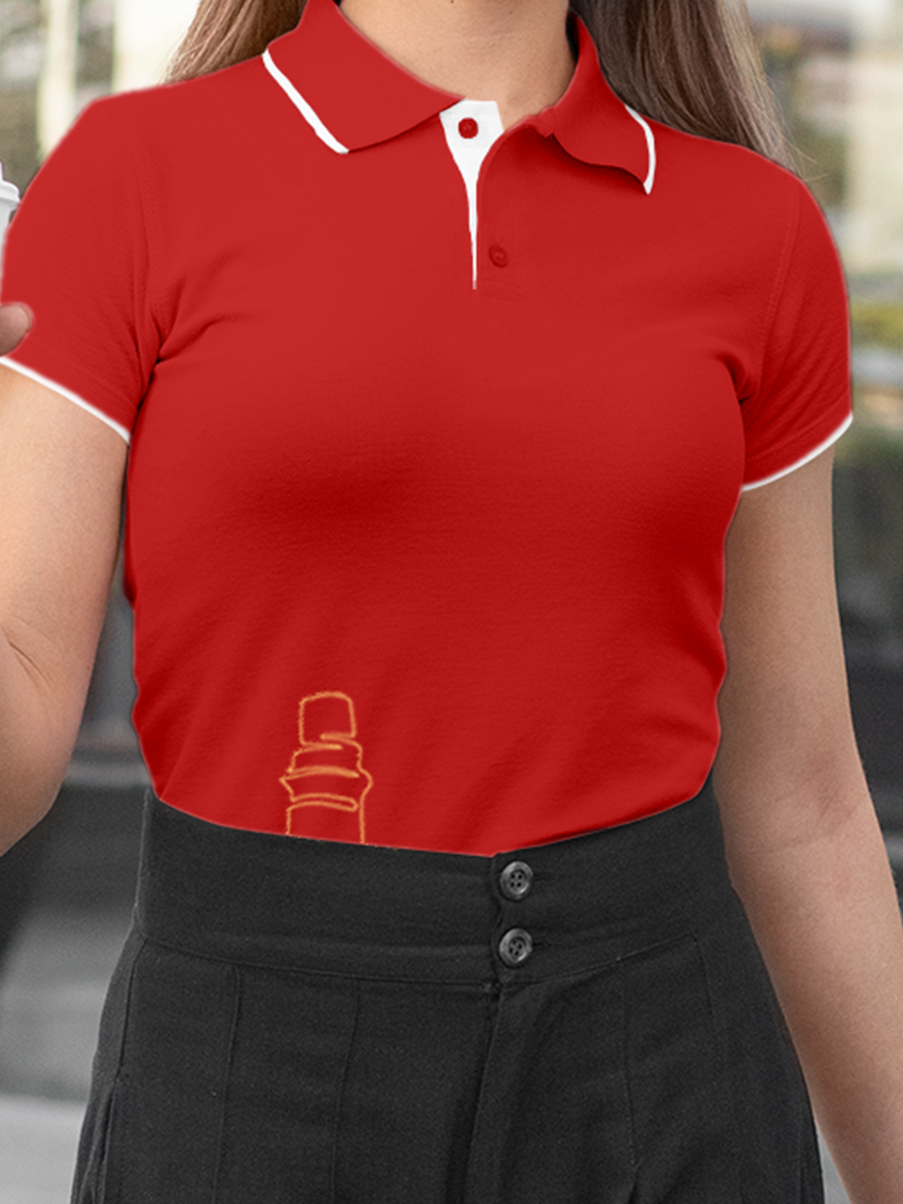 Close up of 'Integrity' design on Women's Red Polo T-shirt, highlighting intricate details and vibrant print.