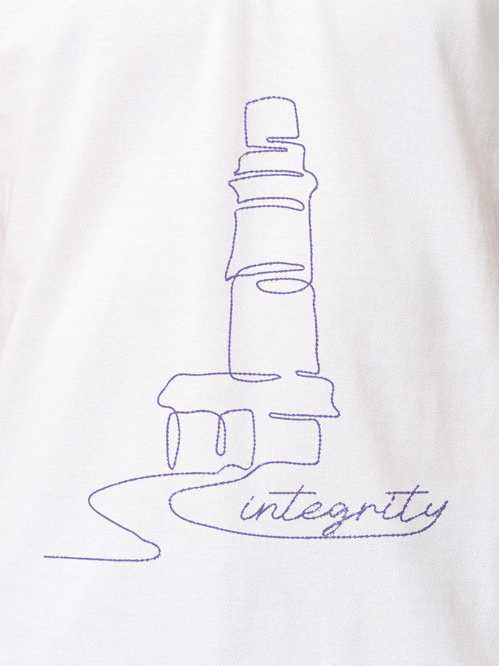 Close up of 'Integrity' design on Men's White Polo T-shirt, highlighting intricate details and vibrant print.