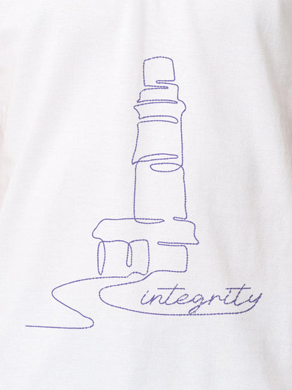 Close up of 'Integrity' design on Men's White Polo T-shirt, highlighting intricate details and vibrant print.