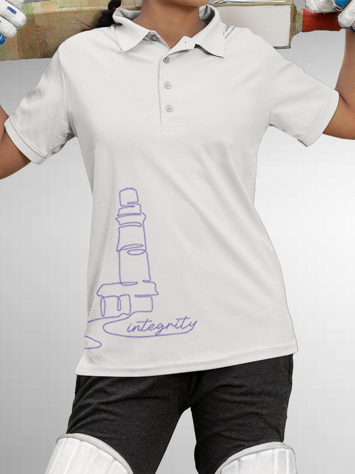 Model wearing Women's White Polo T-shirt with 'Integrity' design, offering effortless style and premium comfort