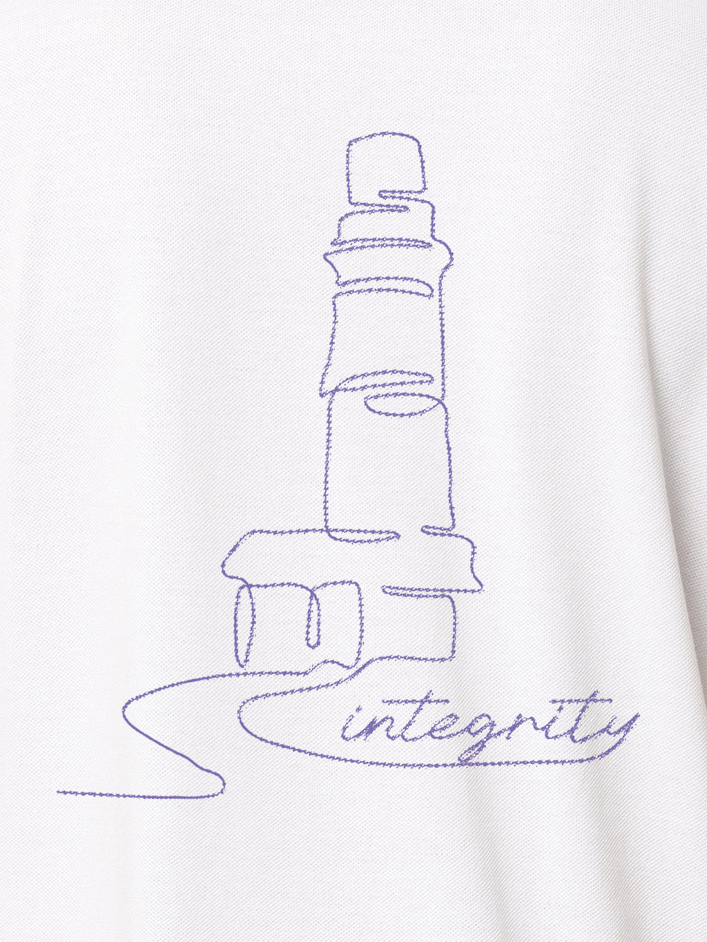 Close up of 'Integrity' design on Women's White Polo T-shirt, highlighting intricate details and vibrant print.