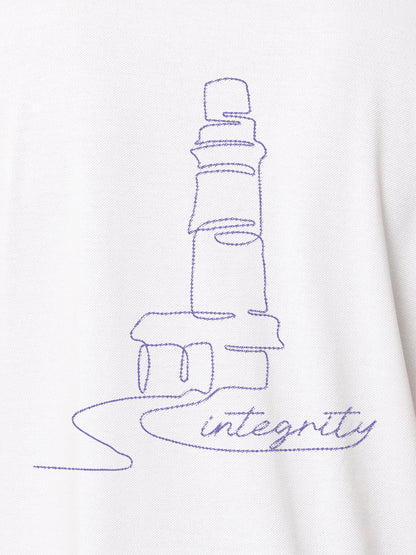 Close up of 'Integrity' design on Women's White Polo T-shirt, highlighting intricate details and vibrant print.