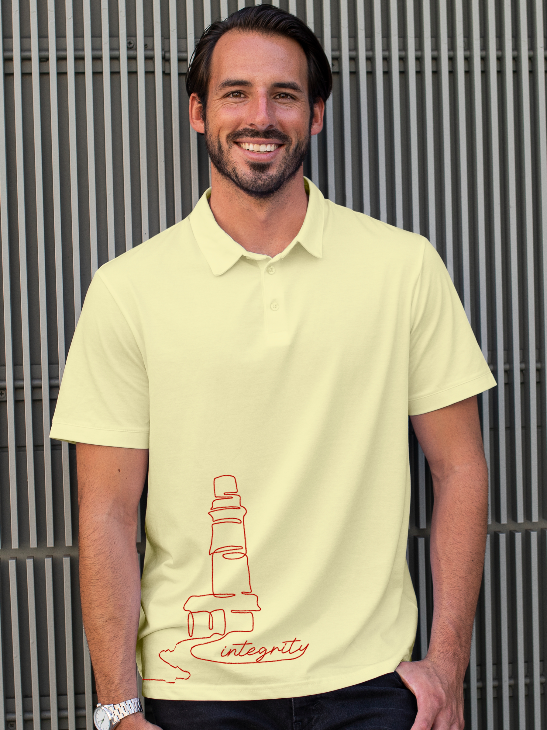 Model wearing Men's Yellow Polo T-shirt with 'Integrity' design, offering effortless style and premium comfort