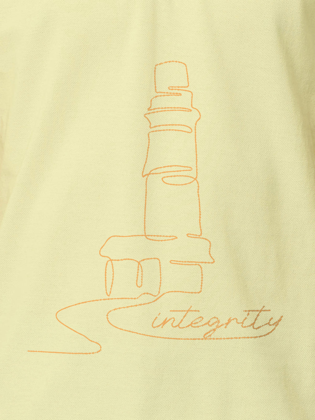 Close up of 'Integrity' design on Men's Yellow Polo T-shirt, highlighting intricate details and vibrant print.