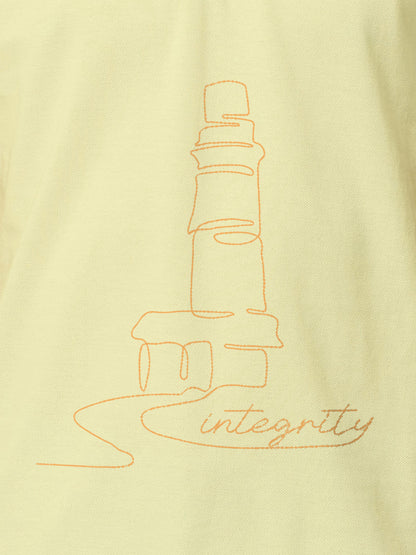 Close up of 'Integrity' design on Men's Yellow Polo T-shirt, highlighting intricate details and vibrant print.