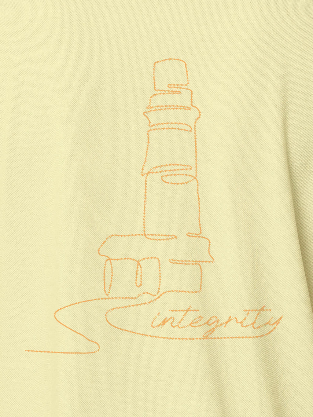 Close up of 'Integrity' design on Women's Yellow Polo T-shirt, highlighting intricate details and vibrant print.
