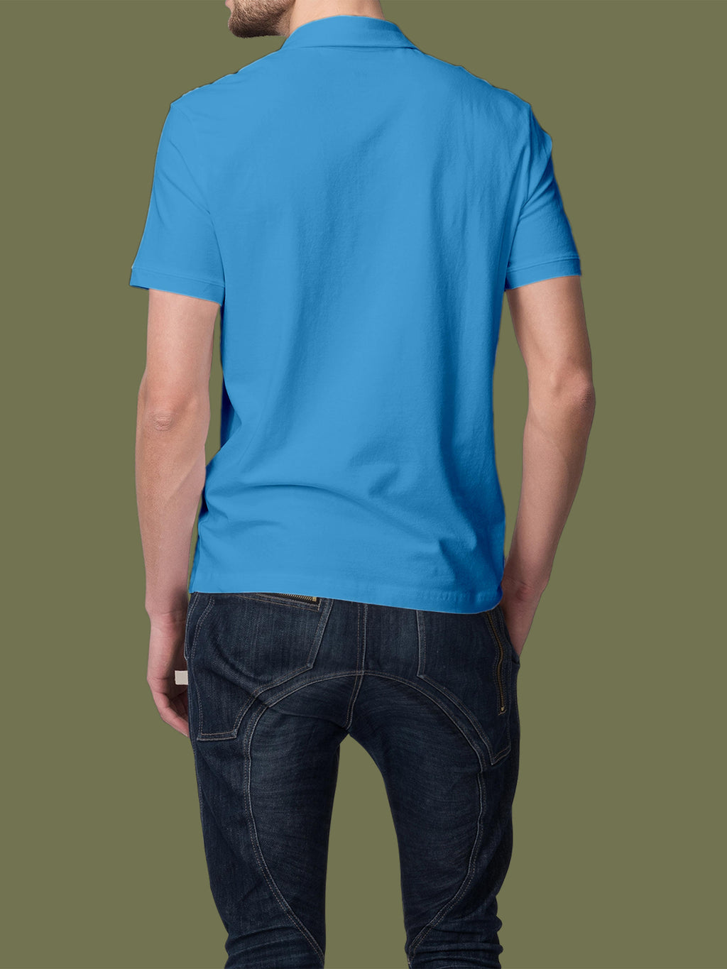 Back view of Fighterhero Men's Blue Polo T-shirt, highlighting the modern look and clean finish