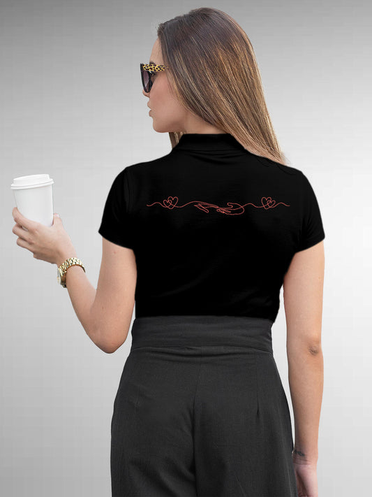 Model wearing Women's Black Polo T-shirt with 'Empathy' design, offering effortless style and premium comfort