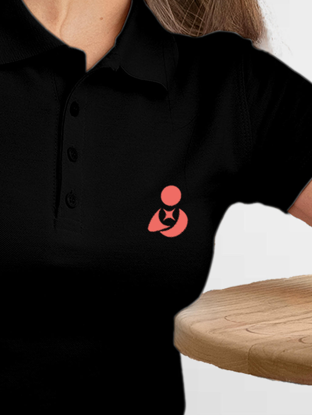 Back view of Fighterhero Women's Black Polo T-shirt, highlighting the modern look and clean finish