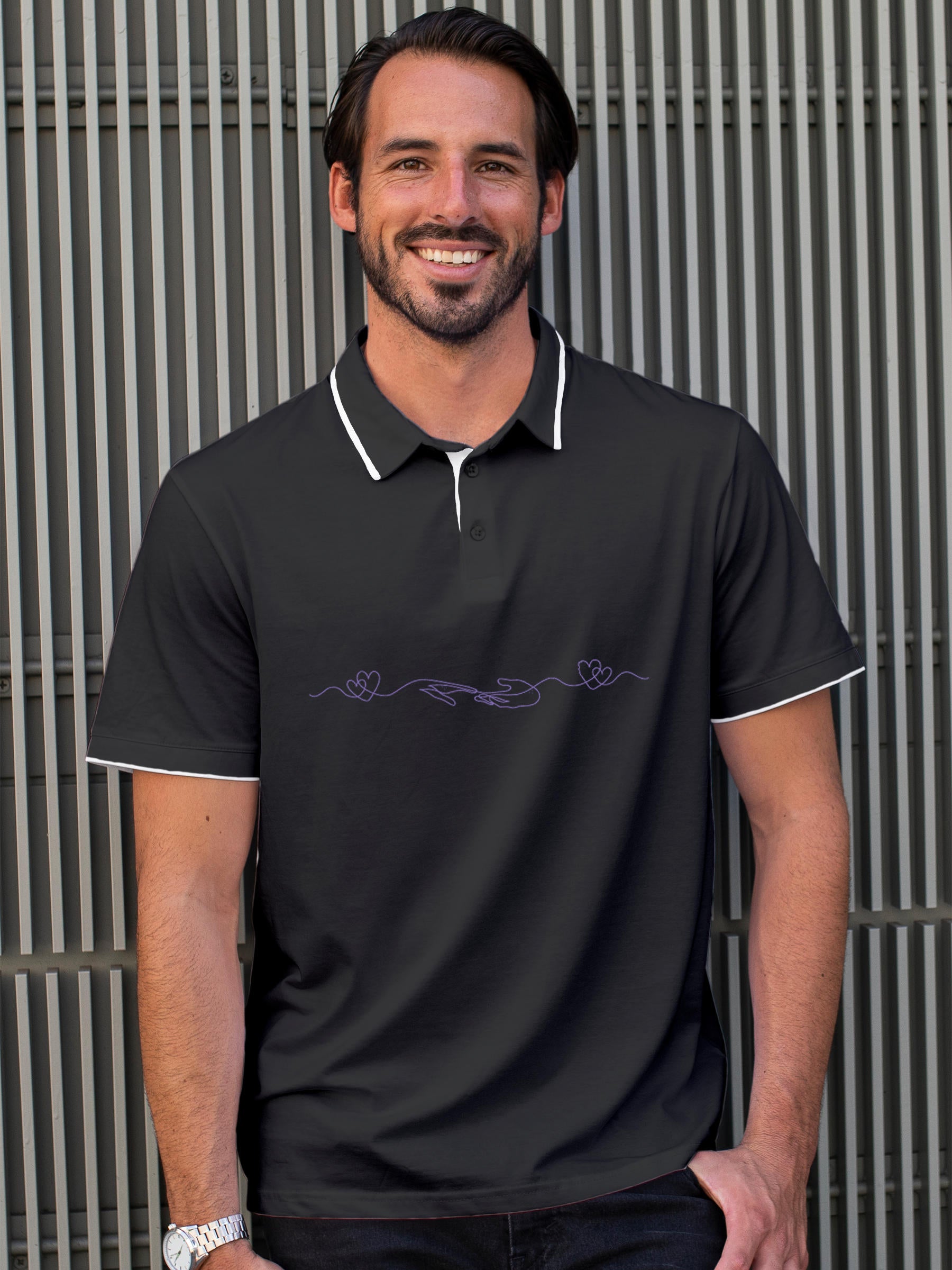 Model wearing Men's Dark Grey Polo T-shirt with 'Empathy' design, offering effortless style and premium comfort