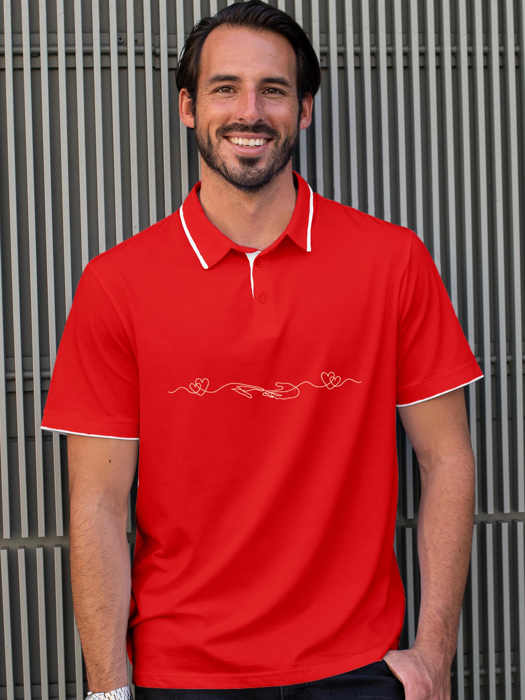 Model wearing Men's Red Polo T-shirt with 'Empathy' design, offering effortless style and premium comfort