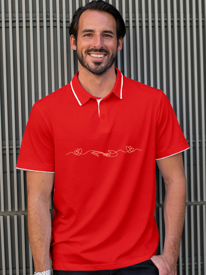 Model wearing Men's Red Polo T-shirt with 'Empathy' design, offering effortless style and premium comfort