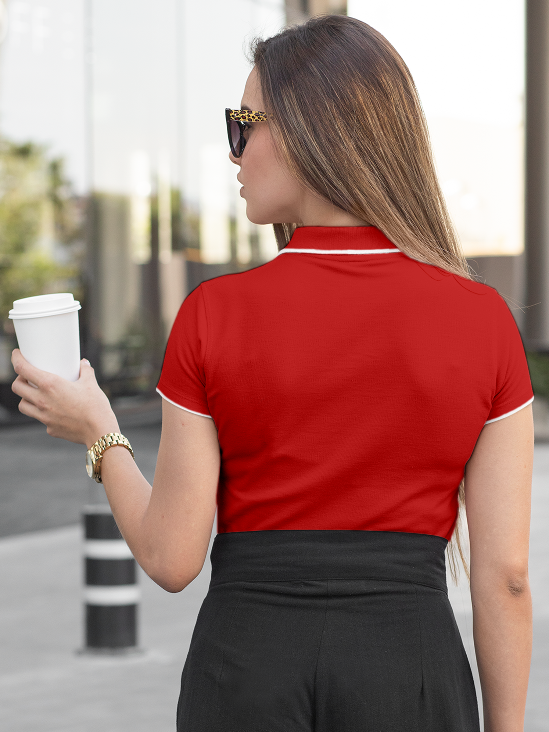 Back view of Fighterhero Women's Red Polo T-shirt, highlighting the modern look and clean finish
