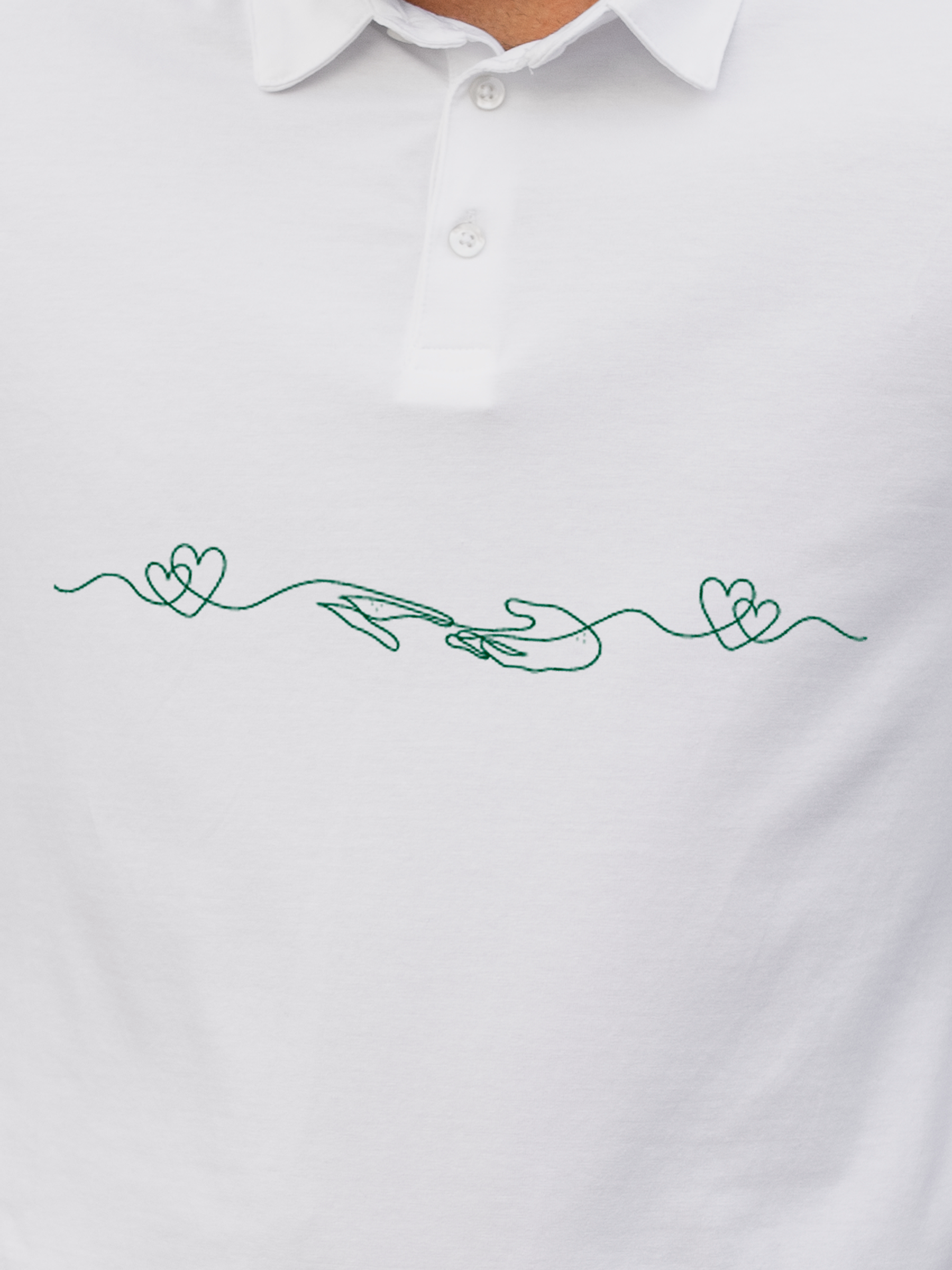 Close up of 'Empathy' design on Men's White Polo T-shirt, highlighting intricate details and vibrant print.