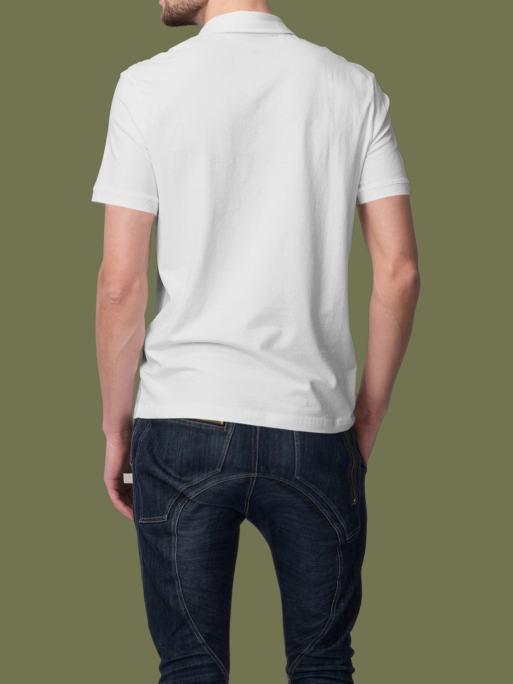 Back view of Fighterhero Men's White Polo T-shirt, highlighting the modern look and clean finish