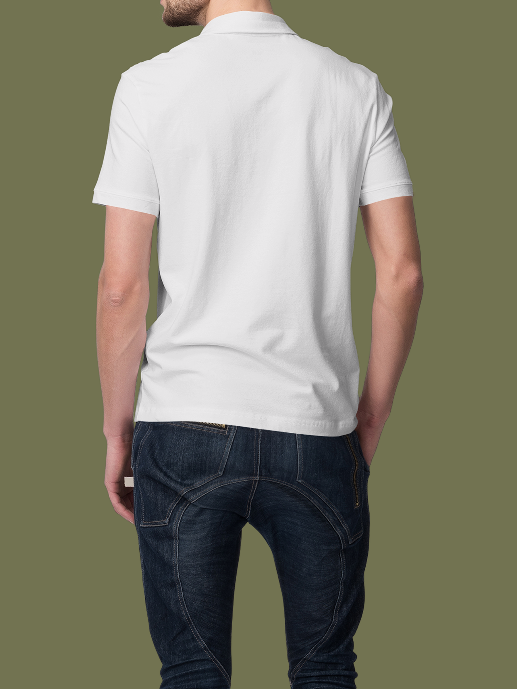 Back view of Fighterhero Men's White Polo T-shirt, highlighting the modern look and clean finish