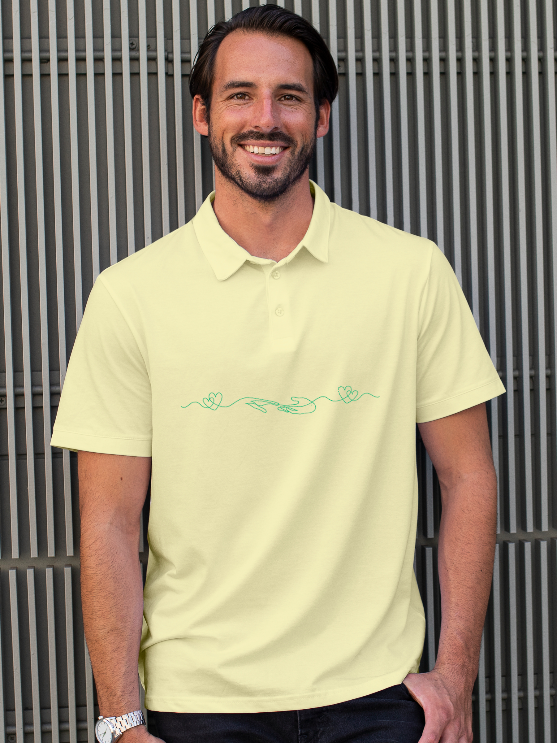 Model wearing Men's Yellow Polo T-shirt with 'Empathy' design, offering effortless style and premium comfort