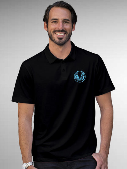 Model wearing Men's Black Polo T-shirt with 'Free' design, offering effortless style and premium comfort