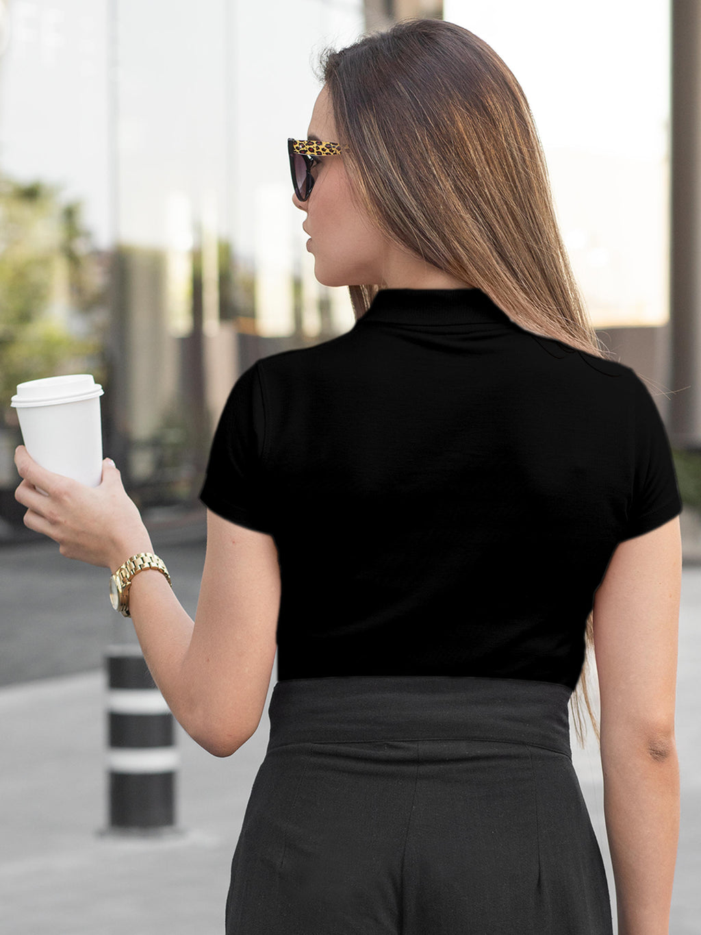Back view of Fighterhero Women's Black Polo T-shirt, highlighting the modern look and clean finish