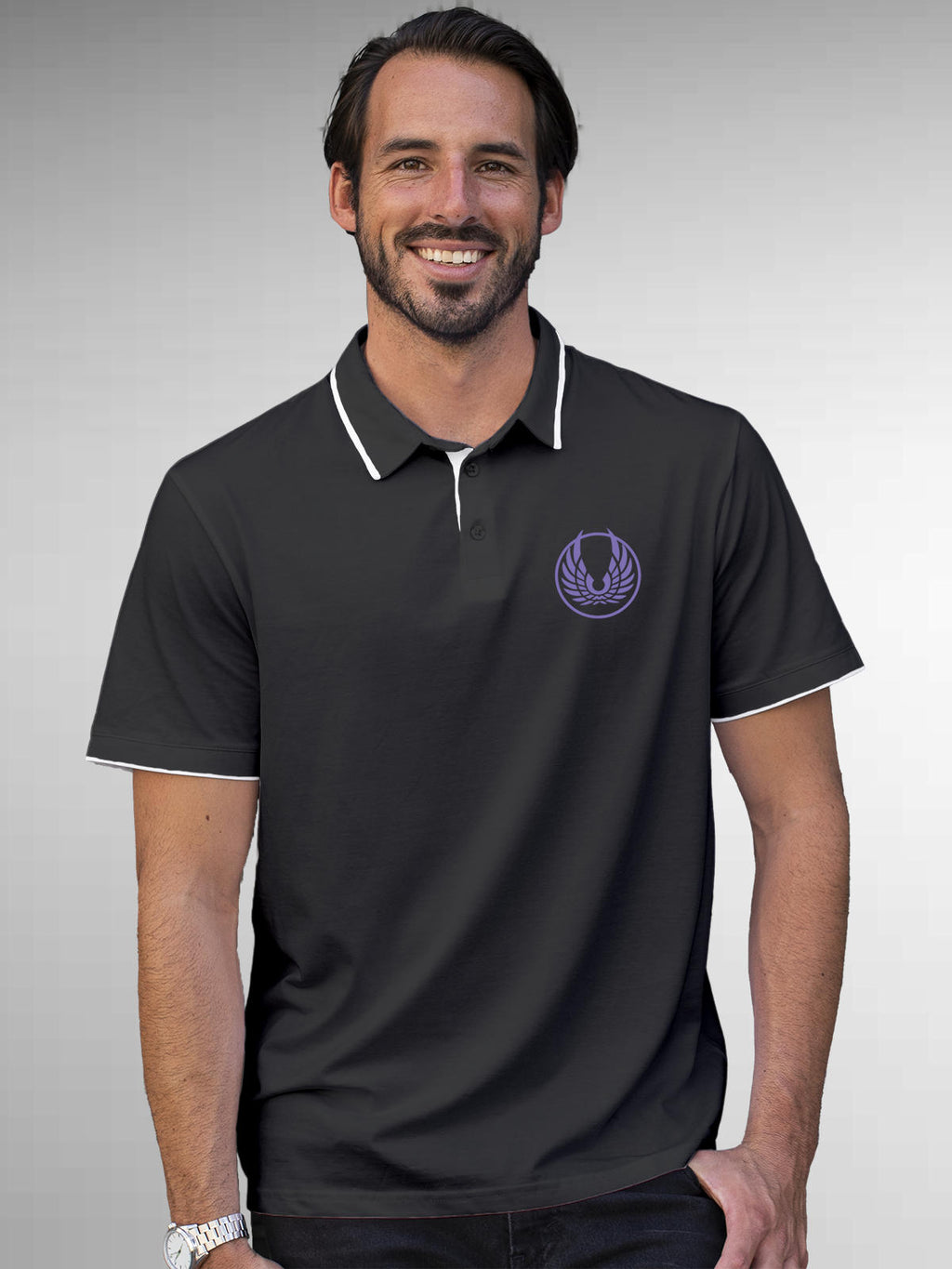 Model wearing Men's Dark Grey Polo T-shirt with 'Free' design, offering effortless style and premium comfort