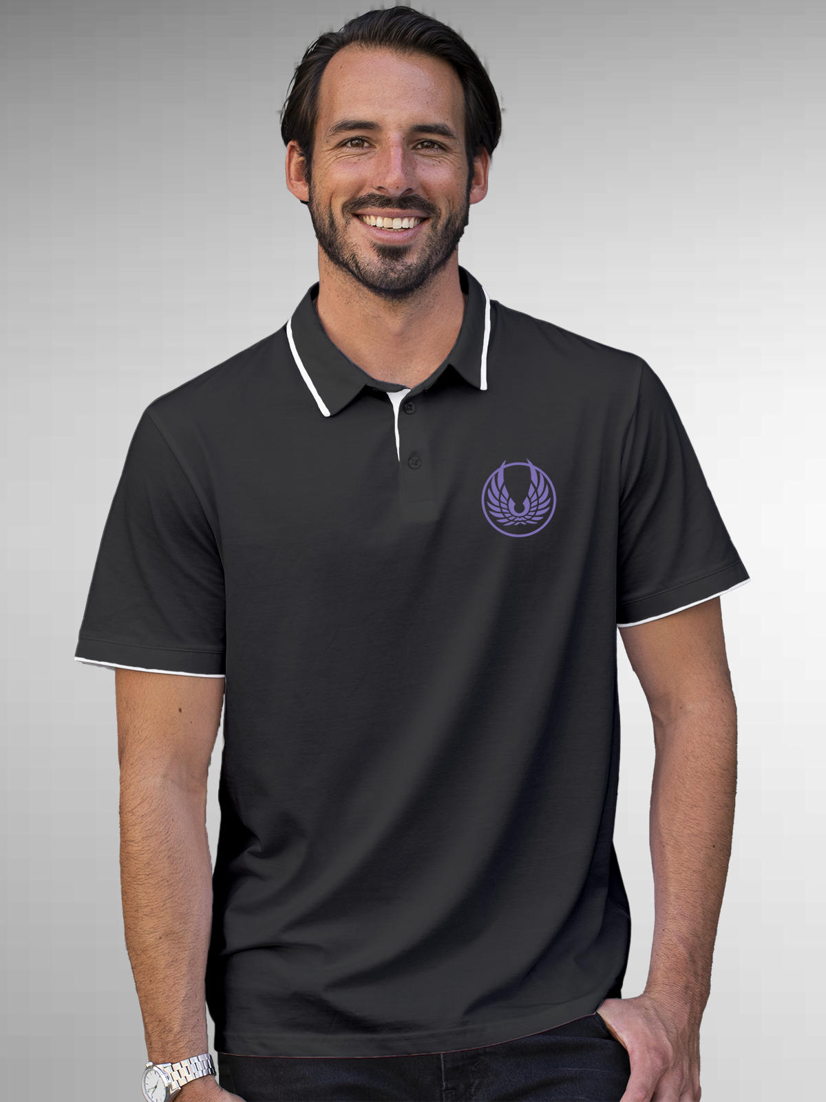 Model wearing Men's Dark Grey Polo T-shirt with 'Free' design, offering effortless style and premium comfort