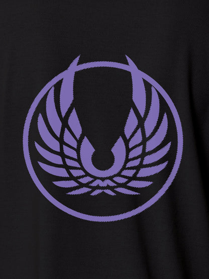 Close up of 'Free' design on Women's Dark Grey Polo T-shirt, highlighting intricate details and vibrant print.