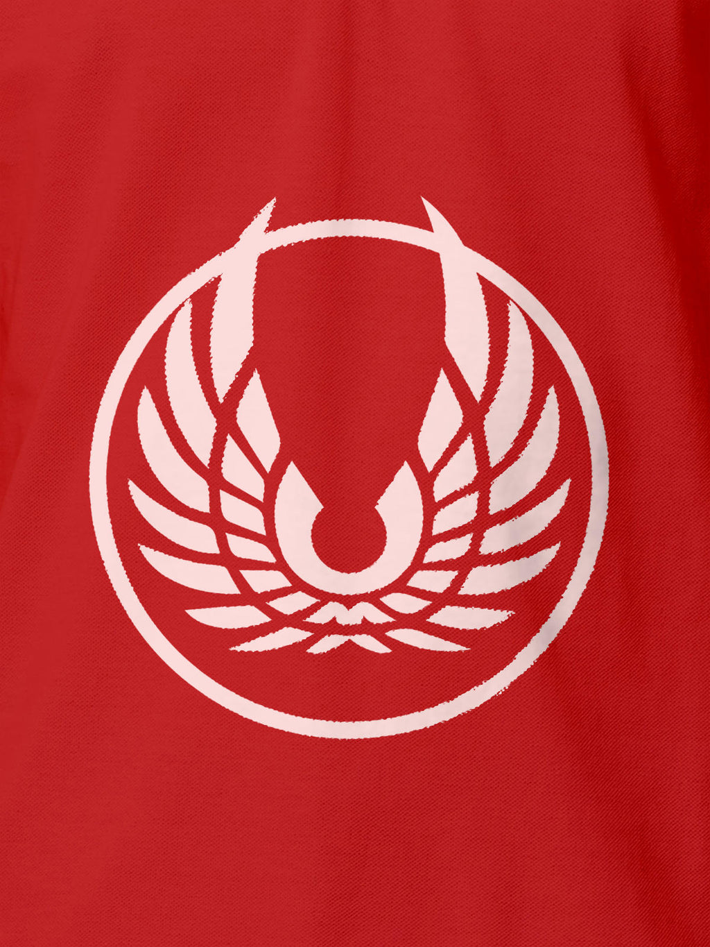 Close up of 'Free' design on Men's Red Polo T-shirt, highlighting intricate details and vibrant print.