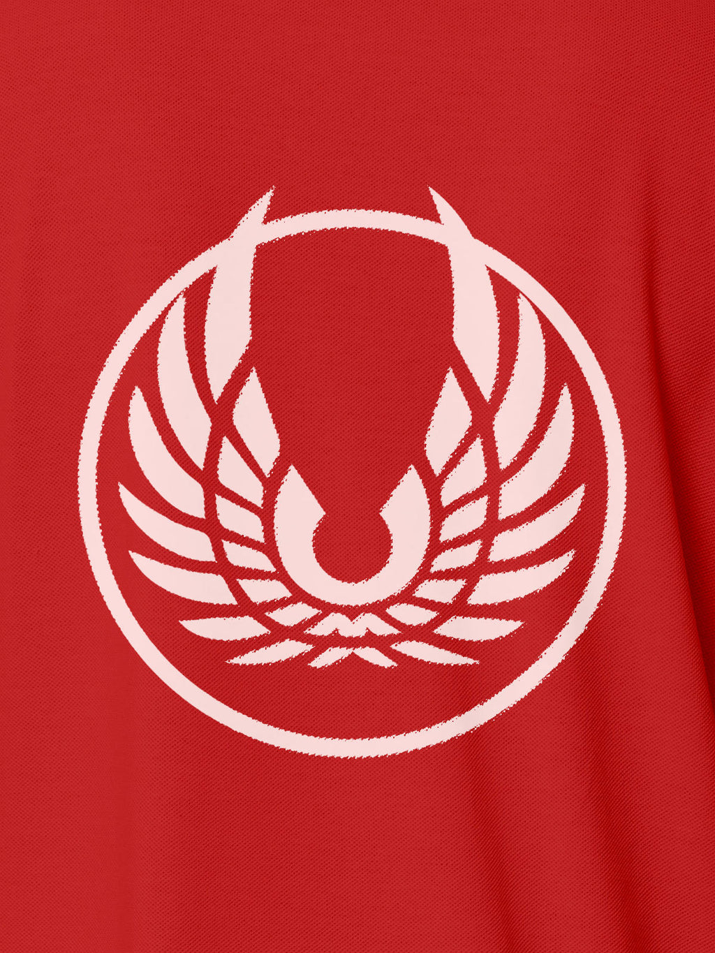 Close up of 'Free' design on Women's Red Polo T-shirt, highlighting intricate details and vibrant print.