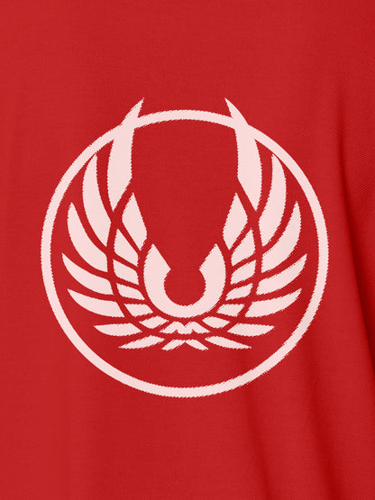 Close up of 'Free' design on Women's Red Polo T-shirt, highlighting intricate details and vibrant print.