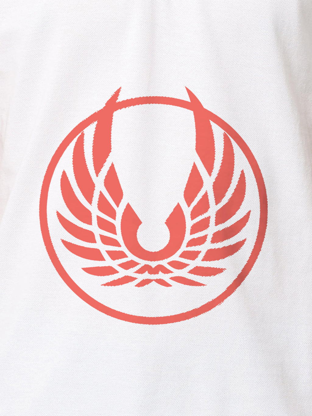 Close up of 'Free' design on Men's White Polo T-shirt, highlighting intricate details and vibrant print.