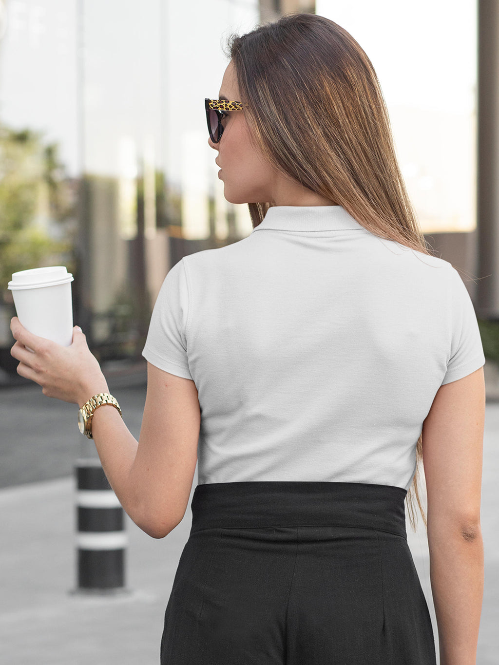 Back view of Fighterhero Women's White Polo T-shirt, highlighting the modern look and clean finish