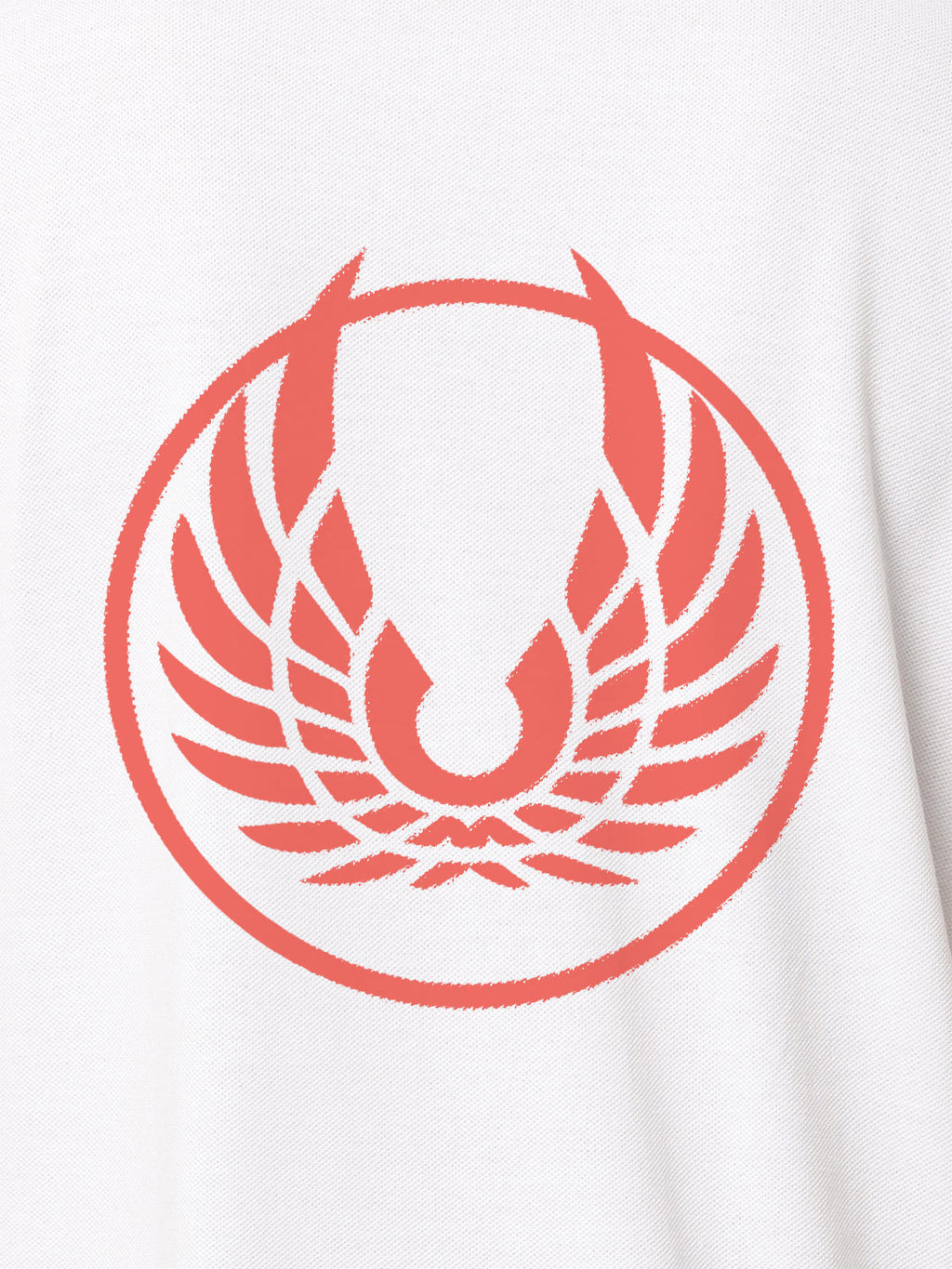 Close up of 'Free' design on Women's White Polo T-shirt, highlighting intricate details and vibrant print.