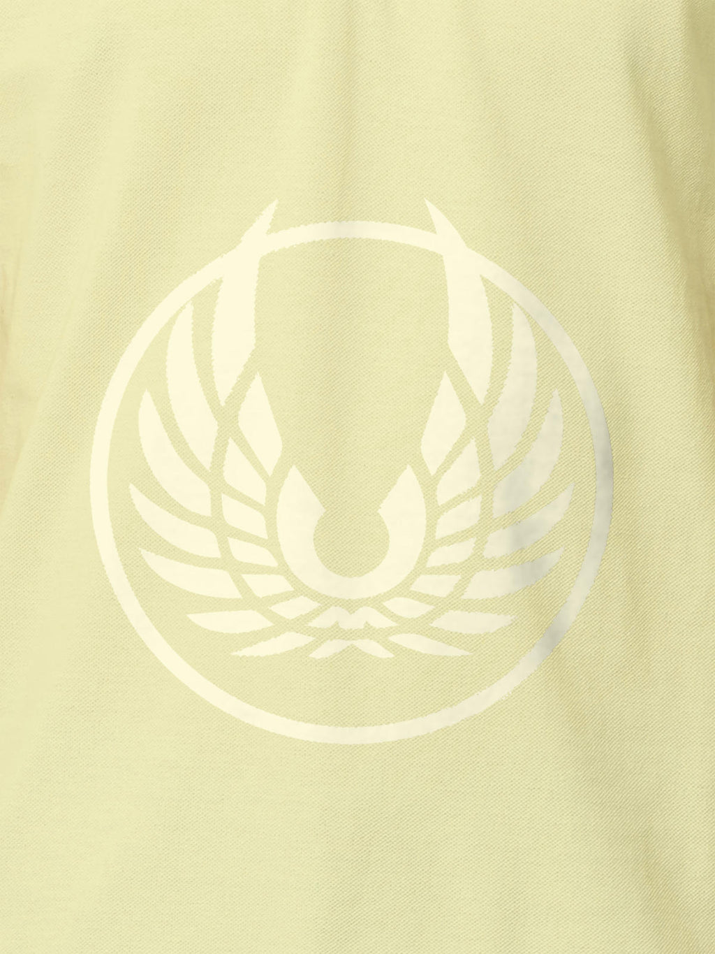 Close up of 'Free' design on Men's Yellow Polo T-shirt, highlighting intricate details and vibrant print.