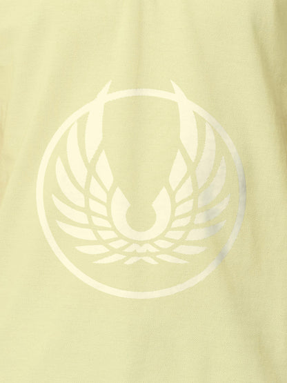 Close up of 'Free' design on Men's Yellow Polo T-shirt, highlighting intricate details and vibrant print.