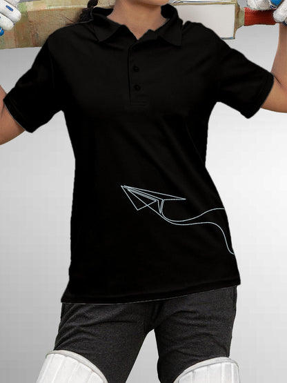 Model wearing Women's Black Polo T-shirt with 'Empowered' design, offering effortless style and premium comfort