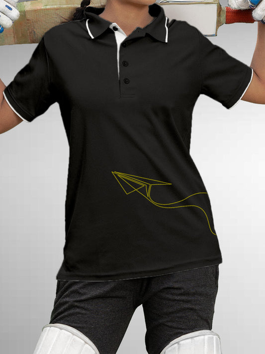 Model wearing Women's Dark Grey Polo T-shirt with 'Empowered' design, offering effortless style and premium comfort